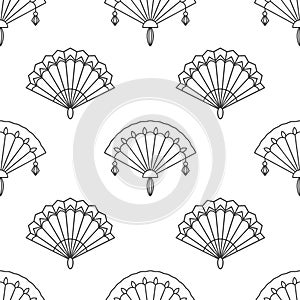 Seamless pattern of paper fans. Background from hand fan. Silhouettes of Chinese, Japanese paper folding fans