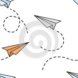 Seamless pattern with paper planes flying in different directions with a dotted trace from them. Cartoon performance. Isolated