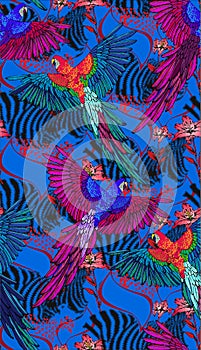 Seamless pattern of parrots and flowers