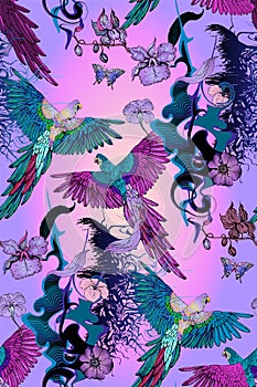Seamless pattern of parrots and flowers
