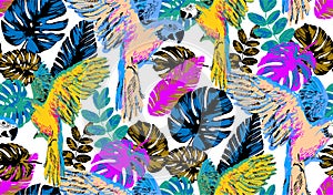 Seamless pattern of parrots and flowers.