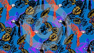 Seamless pattern of parrots and flowers.