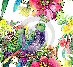 Seamless pattern with parrots and flowers