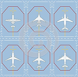 Seamless pattern with passenger airplanes on the parking apron