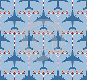 Seamless pattern with passenger airplanes and strip lights