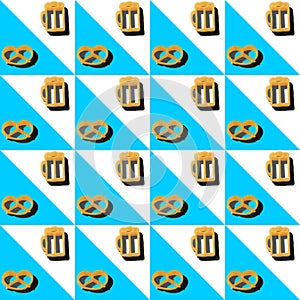 Oktoberfest pasta seamless pattern.Beer mug,German pretzel,on square,triangles backdrop of blue white as Bavaria flag