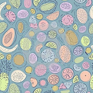 Seamless pattern with pastel fruit - papaya, lemon, orange, tangerine, mango, mangosteen, rambutan, coconut, dragonfruit.