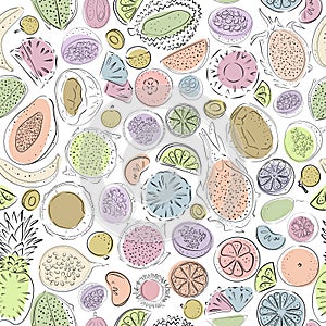 Seamless pattern with pastel fruit - papaya, lemon, orange, tangerine, mango, mangosteen, rambutan, coconut, dragonfruit.