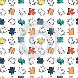 Seamless pattern with pastel jigsaw puzzle pieces on white background. Vector sketch illustration in doodle, cartoon vintage