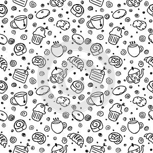 Seamless pattern with pastry and beverages