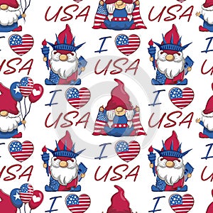 Seamless pattern with patriotic charming gnomes and the inscription I love USA