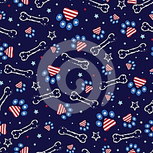 Seamless pattern with Paw Print, Bone and Star for American Independence Day