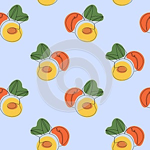 Seamless pattern with peach on blue background. Continuous one line drawing peach. Black line art on blue background