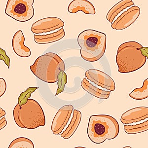 Seamless pattern with peaches and macaroons. Vector graphics