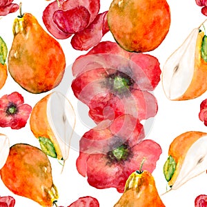 Seamless pattern with pear fruit and poppies watercolor