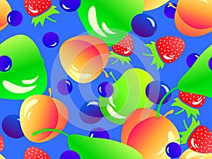 Seamless pattern with pears, apples, blueberries and peaches. Summer fruit and berry mix, fruits and berries in 3d style with a