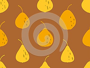 Seamless pattern with pears on a brown background. Fruit pear in a minimalist style. Design for printing on fabric, banners and