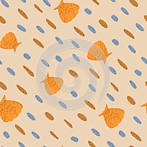 Seamless pattern pebbles with shells on brown background. Beautiful texture gravel for fabric design