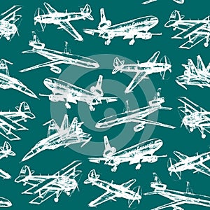 Seamless pattern with pencil drawn airplanes. Backgrounds and textures for boys, travel, business design packaging fabric textiles