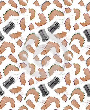 Seamless pattern with pencil shavings, realistic sharpener and a graphite isolated on white background, cover for your