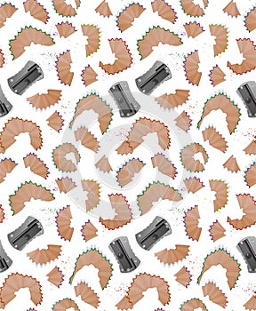 Seamless pattern with pencil shavings, realistic sharpener and a graphite isolated on white background, cover for your photo