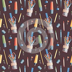 Seamless pattern with pencils, markers, scissors on a dark background. School seamless background. Suitable for paper