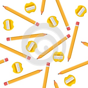 Seamless pattern with pencils and yellow sharpeners isolated on white background. Cartoon style. Vector illustration for design,