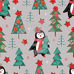 Seamless pattern with penguin and Christmas trees