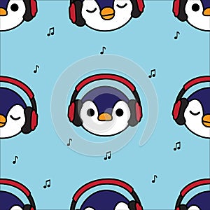 Seamless pattern penguin with red headphones and music note on blue background