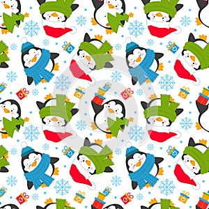 Seamless pattern of penguins in different situations. photo