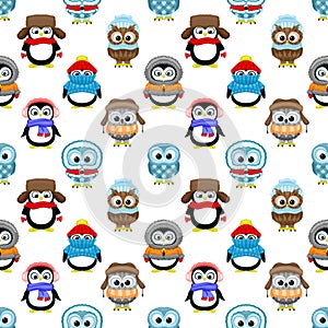 Seamless pattern with penguins and owls.