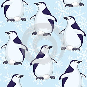 Seamless pattern, penguins and snowflakes