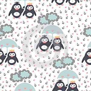 Seamless pattern, penguins under an umbrella, snow, rain, on a white background. Stock vector illustration. Decorative