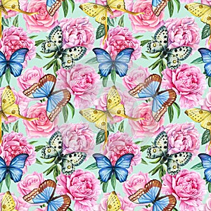 Seamless pattern of peonies, roses and butterflies, summer flowers, watercolor illustration, floral background