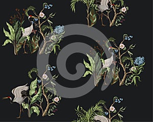 Seamless pattern with peony bushes and cranes in chinoiserie style. Vector.