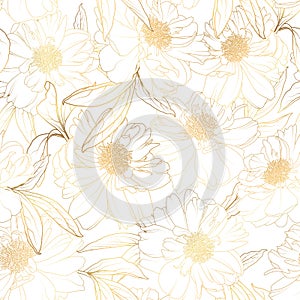 Seamless pattern with peony camelia flowers on white. Luxury bright shiny golden.