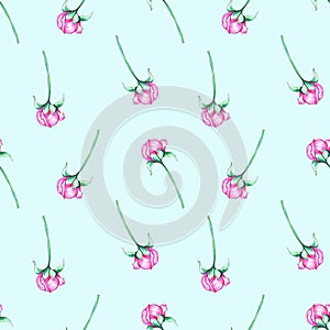 Seamless pattern of peony flower buds on a light blue background. Illustration of felt-tip pens.