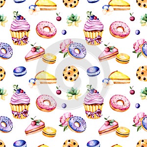 Seamless pattern with peony flower,leaves,succulent plant,tasty cupcake,pansy flower,macaroons,donuts,cookies,lemon and cherry che