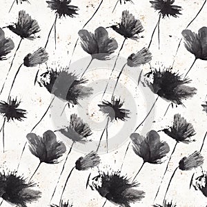 Seamless pattern with peony flowers. Hand drawn ink graphics. Vintage style. Design suitable for fabric, wallpaper