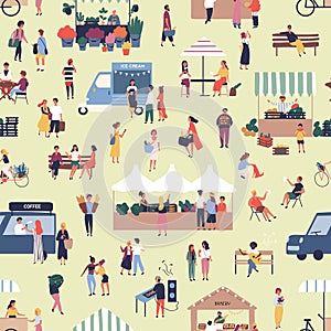 Seamless pattern with people buying and selling goods at street food seasonal market. Backdrop with men and women