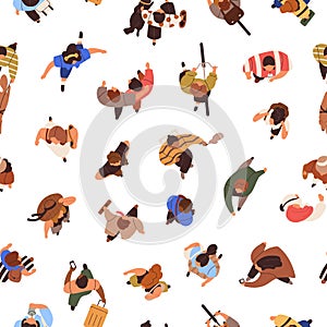 Seamless pattern of people crowd top view. Many characters going on endless background. Repeating print of men, women