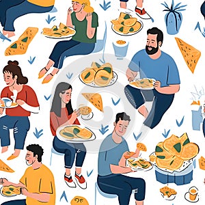 Seamless pattern with people eating fast food. Vector illustration