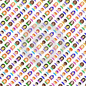 Seamless pattern with people flat icons: smiling cartoon male and female heads. Avatars of people with different races: caucasian