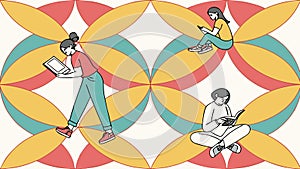 Seamless Pattern People & Geometric Abstract, vector design Generative AI