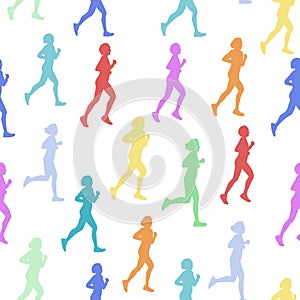 Seamless pattern, people run on a race, marathon. Vector colored figures of athletes. Sport, fitness and active, healthy lifestyle