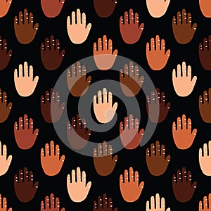 Seamless pattern of a people s hands with different skin color together.