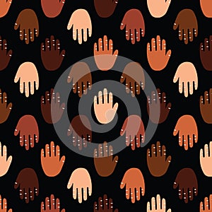 Seamless pattern of a people s hands with different skin color together. Symbol of race equality, diversity, tolerance