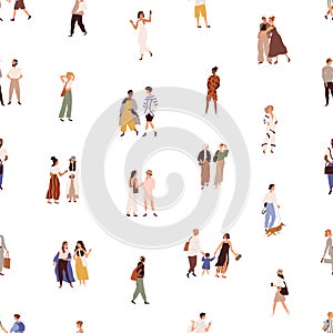 Seamless pattern with people walking on city street. Endless repeating background with crowd of different men and women