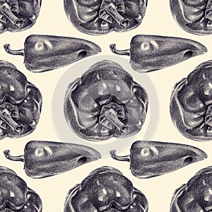 Seamless pattern with peppers drawn by hand with pencil