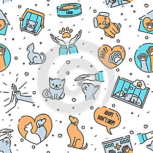 Seamless pattern with pet care symbols, cute cats and dogs, minimalistic design. Animal shelter, veterinary care. Texture for